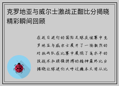 克罗地亚与威尔士激战正酣比分揭晓精彩瞬间回顾