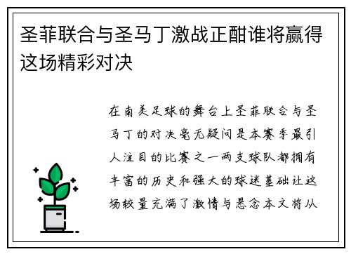 圣菲联合与圣马丁激战正酣谁将赢得这场精彩对决