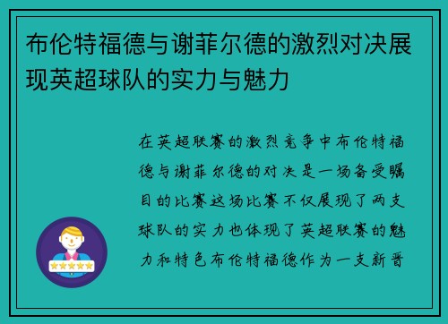 布伦特福德与谢菲尔德的激烈对决展现英超球队的实力与魅力
