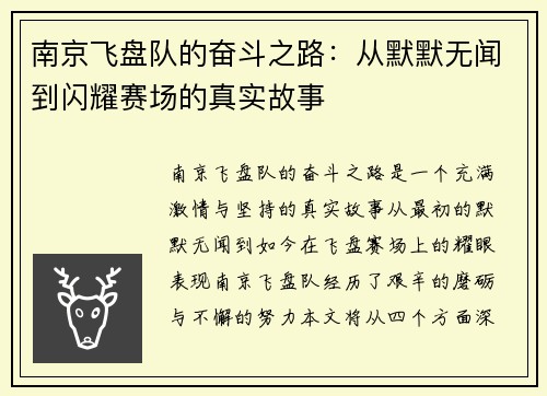 南京飞盘队的奋斗之路：从默默无闻到闪耀赛场的真实故事