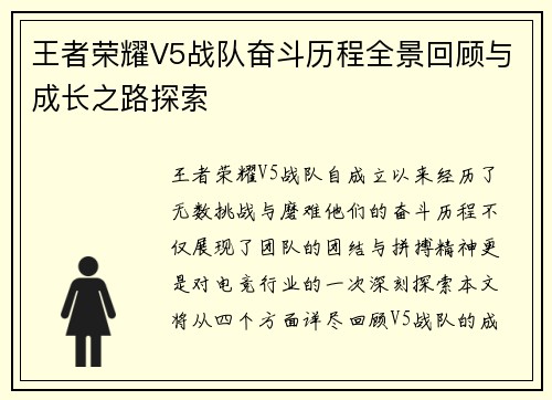 王者荣耀V5战队奋斗历程全景回顾与成长之路探索