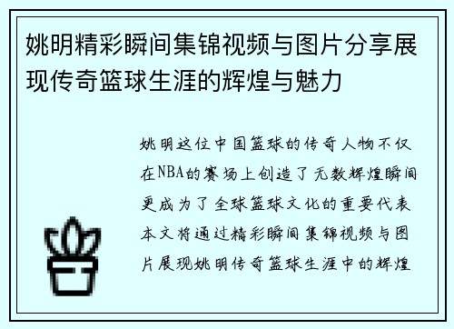 姚明精彩瞬间集锦视频与图片分享展现传奇篮球生涯的辉煌与魅力