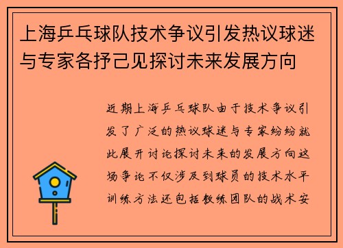 上海乒乓球队技术争议引发热议球迷与专家各抒己见探讨未来发展方向