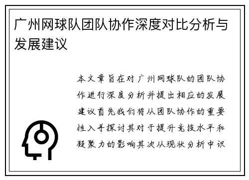 广州网球队团队协作深度对比分析与发展建议